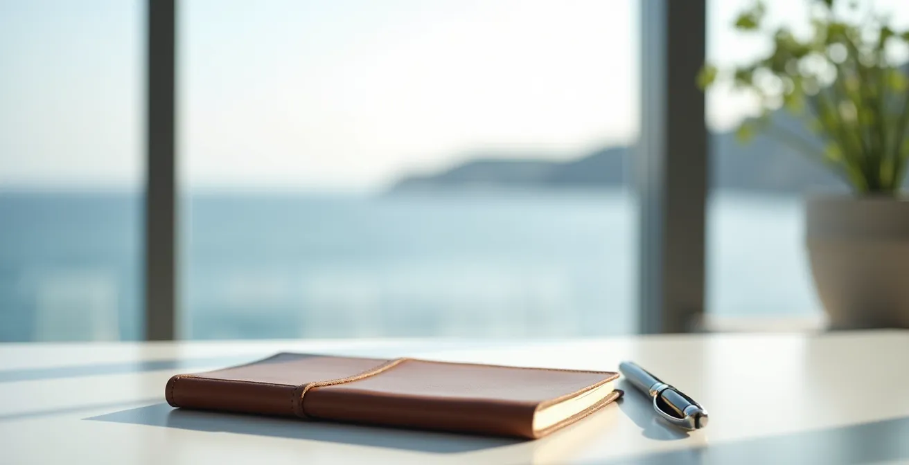 Bureau épuré avec carnet de notes et vue sur la Méditerranée