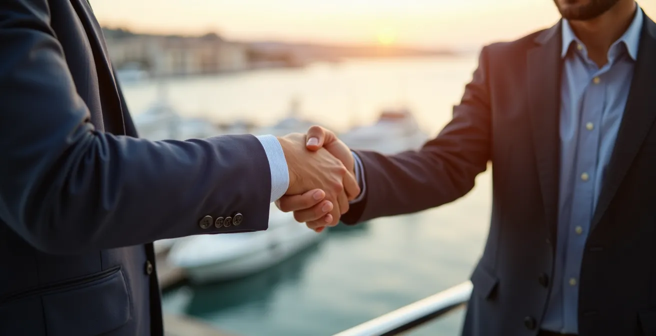 Poignée de main professionnelle sur une terrasse avec vue sur la baie de Cannes